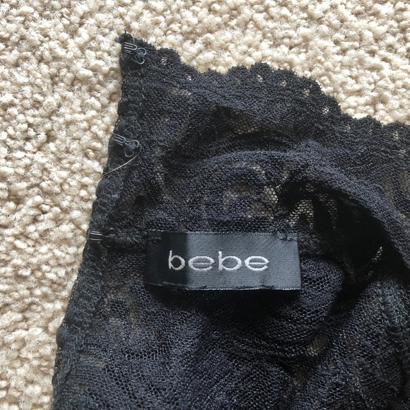 BEBE Mock Turtle Black Lace Cropped Top Open Back - Picture 6 of 6